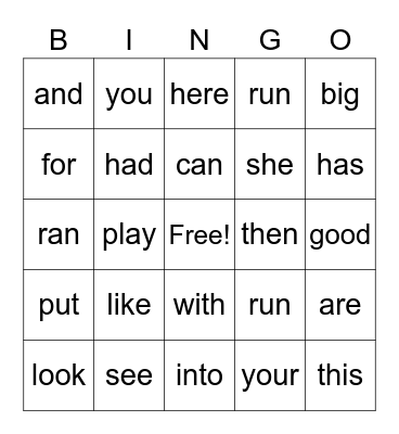 sight words Bingo Card