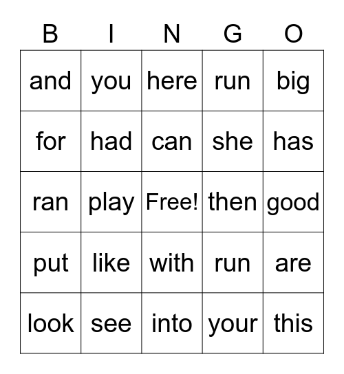 sight words Bingo Card