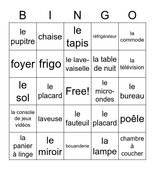 Vocabulaire de la Maison Bingo Card