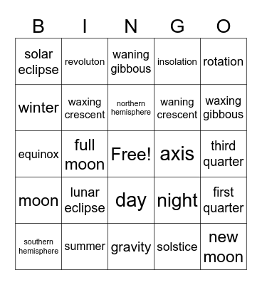 Seasons and Moon Phases Bingo Card