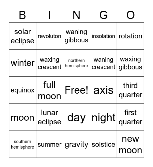 Seasons and Moon Phases Bingo Card