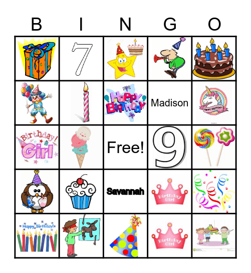 Madison & Savannah B-Day Bingo Card
