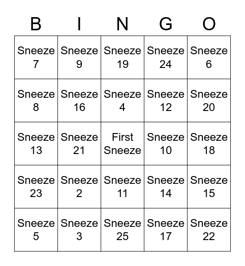 Adrianna Sneeze Bingo Card