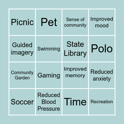 Lesuire Awarness Bingo Card