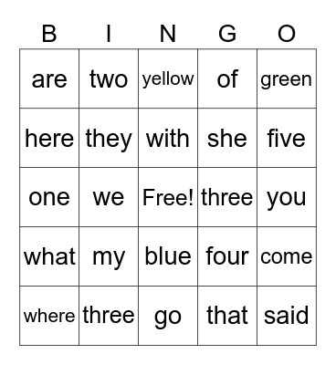 SIGHT WORDS Bingo Card