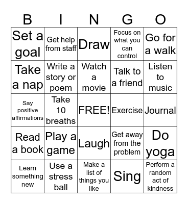 Coping Skills Bingo Card