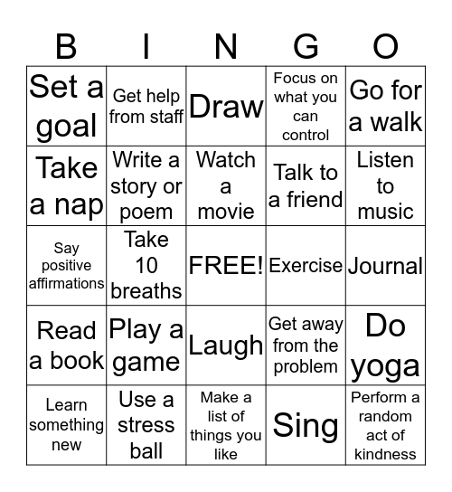 Coping Skills Bingo Card