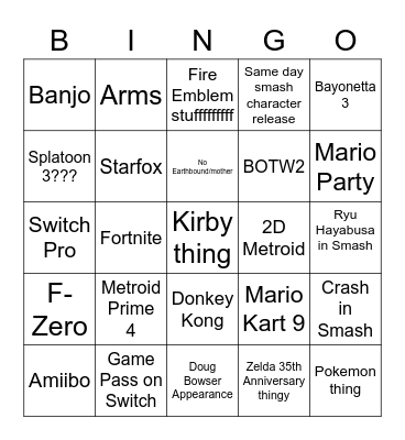 Nintendo E3 Bingo Card