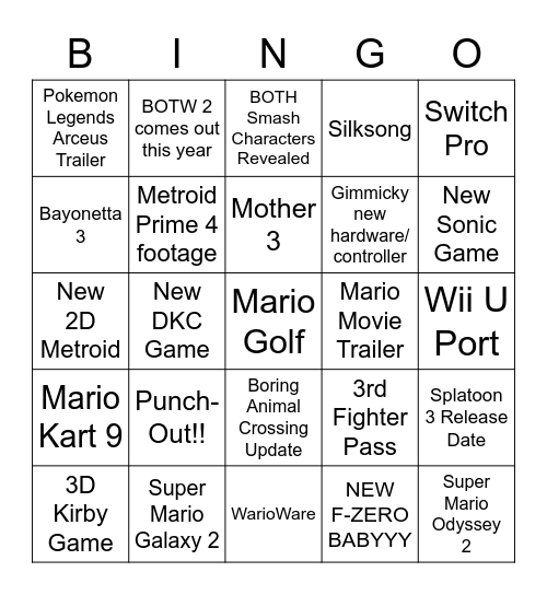 Nintendo E3 2021 Bingo Card