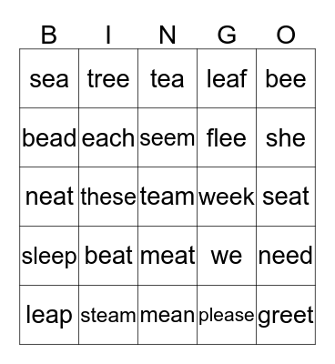 Long E Bingo Card