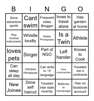 Team Building Bingo Card