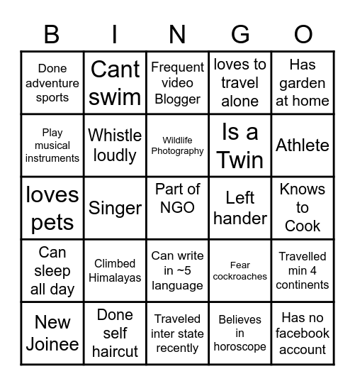 Team Building Bingo Card