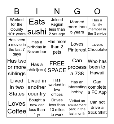 Placement  Bingo Card