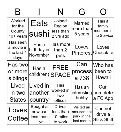 Placement  Bingo Card