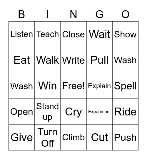 Verbs Bingo Card
