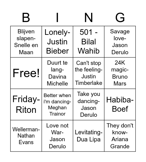 Muziek bingoFr Bingo Card