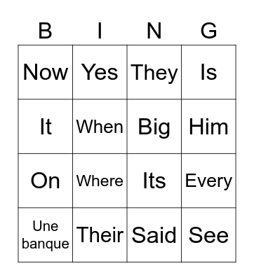 Sight Words Bingo Card