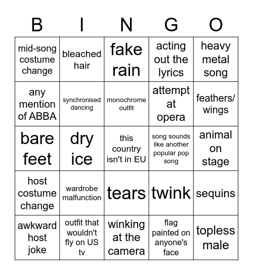 EUROVISION 2021 Bingo Card