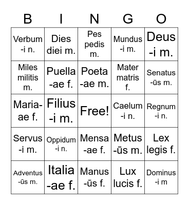 Latin NOUNS Bingo Card