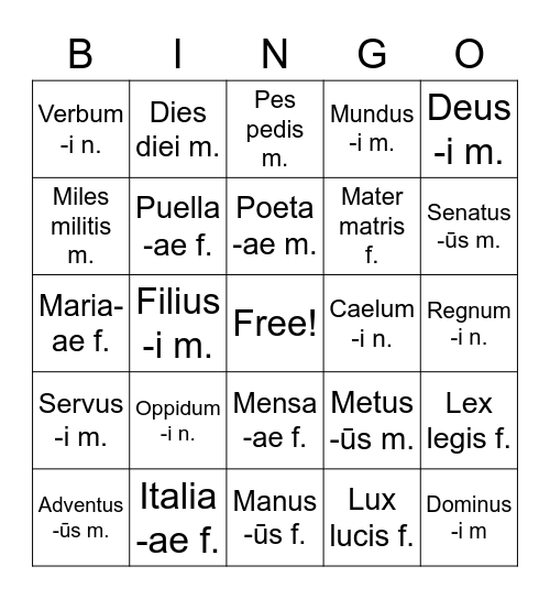 Latin NOUNS Bingo Card