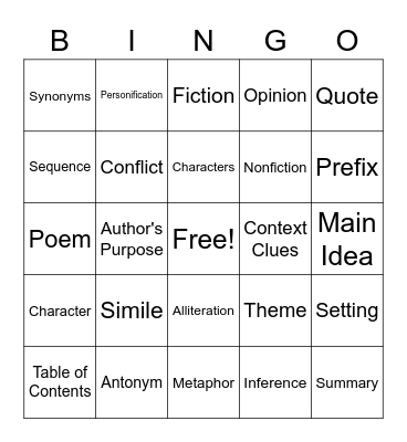 5th Grade ELa Bingo Card