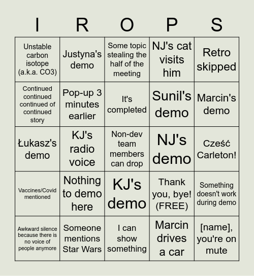 IROPS Ceremony Bingo Card
