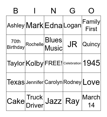 Rosey's 70th Birthday Bingo Card Bingo Card