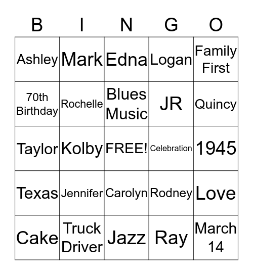 Rosey's 70th Birthday Bingo Card Bingo Card