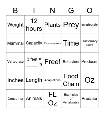 Living Organisms and Measurement Bingo Card