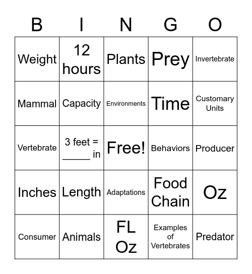 Living Organisms and Measurement Bingo Card