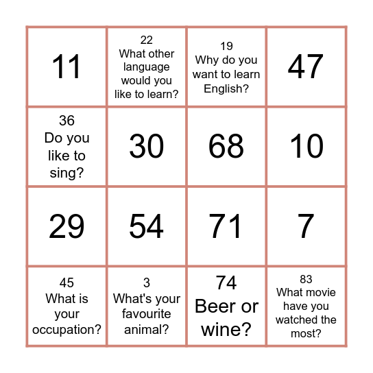 GETTING TO KNOW EACH OTHER Bingo Card