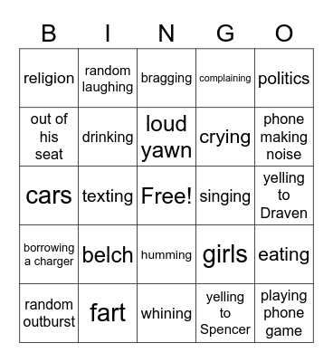 Annoying CJ Behavior Bingo Card