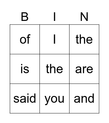sight words Bingo Card