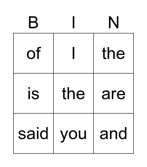 sight words Bingo Card