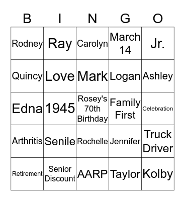 Rosey's 70th Birthday Bingo Card  Bingo Card