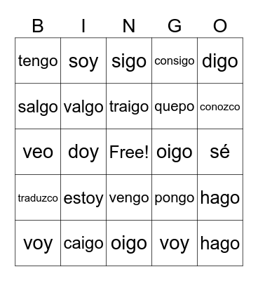 Irregular Yo Form Verbs Bingo Card