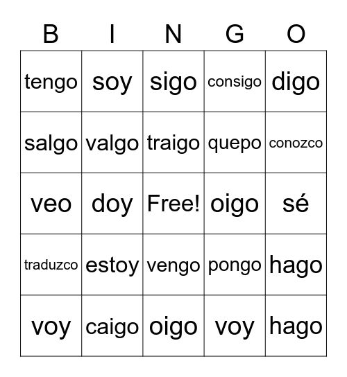 Irregular Yo Form Verbs Bingo Card