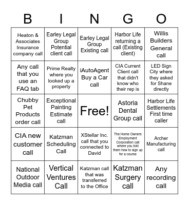 Yellow 2 Team Client Calls Bingo Card