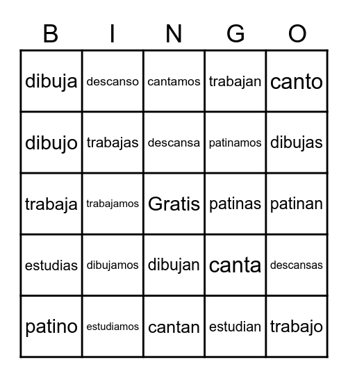 -AR verbs Bingo Card