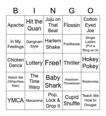Dance Song Bingo Card