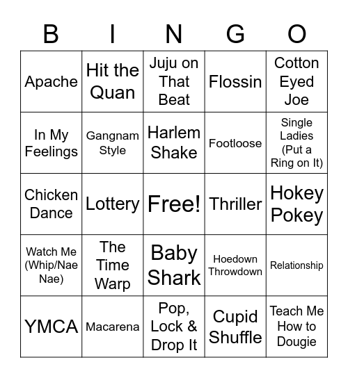 Dance Song Bingo Card