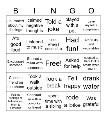 Self-Care Bingo Card