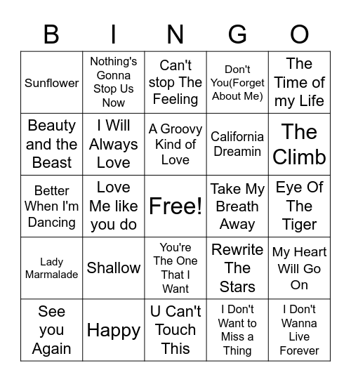 Movie Songs Music Bingo Card