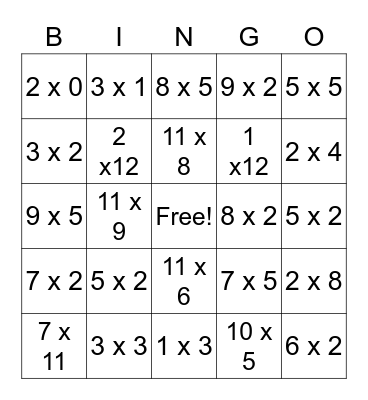 Multiplication Bingo Card