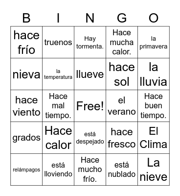 The Weather in Spanish Bingo Card