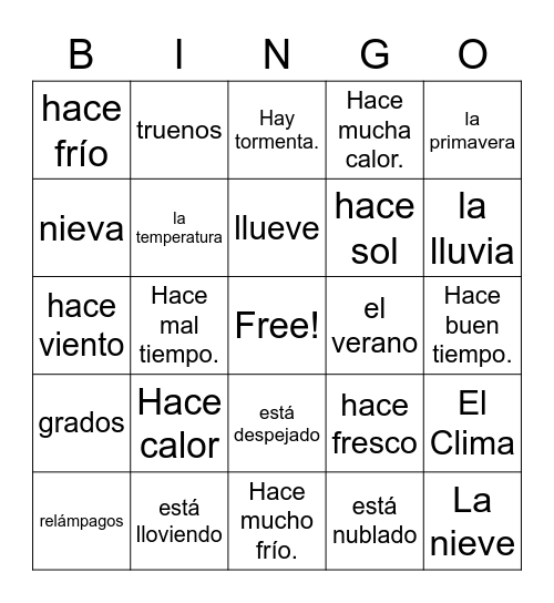 The Weather in Spanish Bingo Card