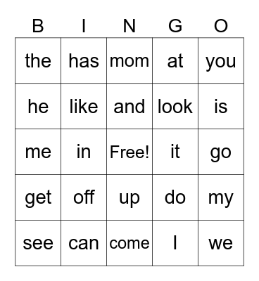 Sight Words Bingo Card