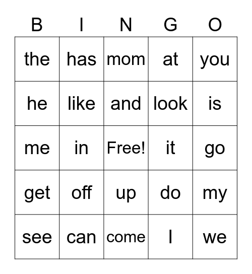 Sight Words Bingo Card