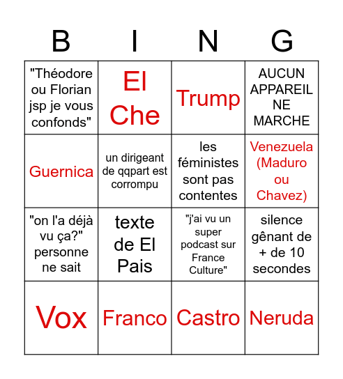 Cours d'Espagnol Bingo Card
