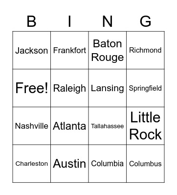 Southern States and Capitals Bingo Card
